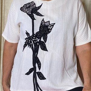 White Summer Shirt  Black and White Flowers